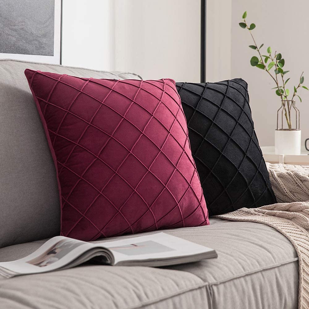 Velvet Cushion Cover Square Pattern 16 X 16 Inches - Reddish Maroon