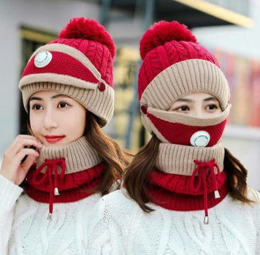 Women 3 Pcs Beanie Cap With Neck Warmer And Mask - Red