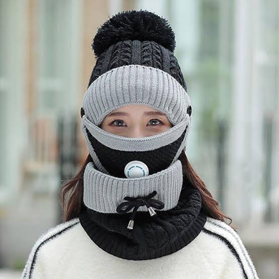 Women 3 Pcs Beanie Cap With Neck Warmer And Mask - Black