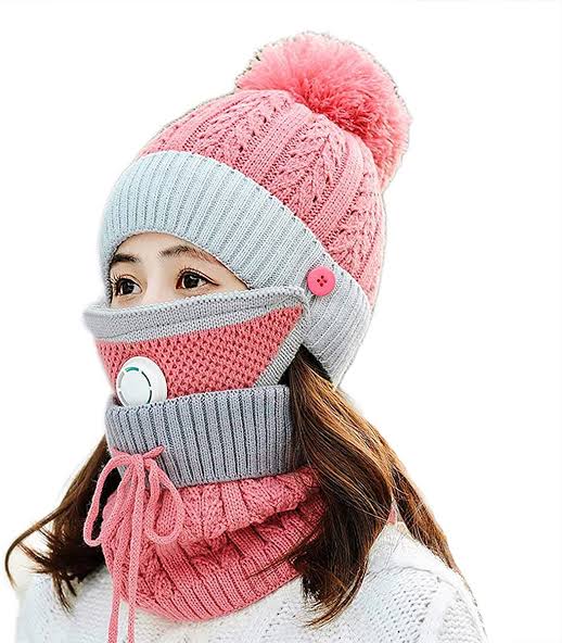 Women 3 Pcs Beanie Cap With Neck Warmer And Mask - Pink