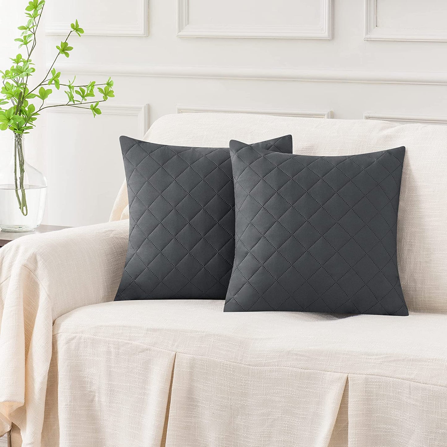 QUILTED CUSHION COVER SQUARE PATTERN 16 X 16 INCHES - GREY