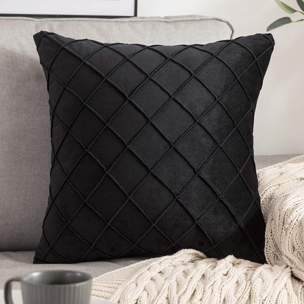 Velvet Cushion Cover Square Pattern 16 X 16 Inches - Black