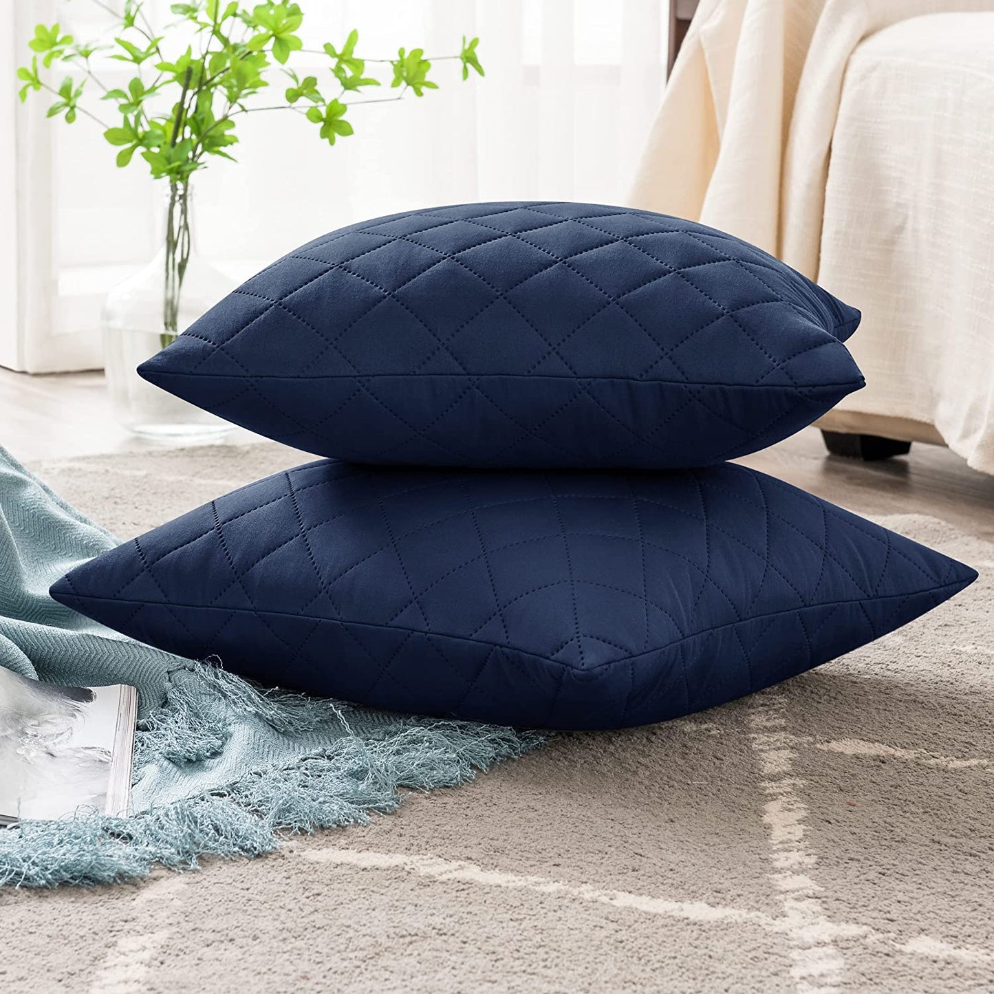 QUILTED CUSHION COVER SQUARE PATTERN 16 X 16 INCHES - NAVY BLUE