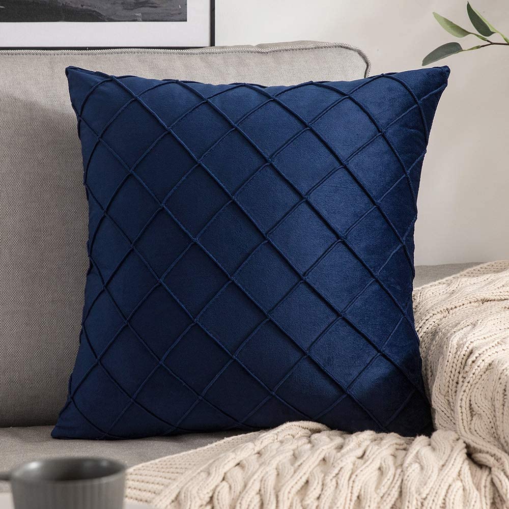 Velvet Cushion Cover Square Pattern 16 X 16 Inches - Navy Blue