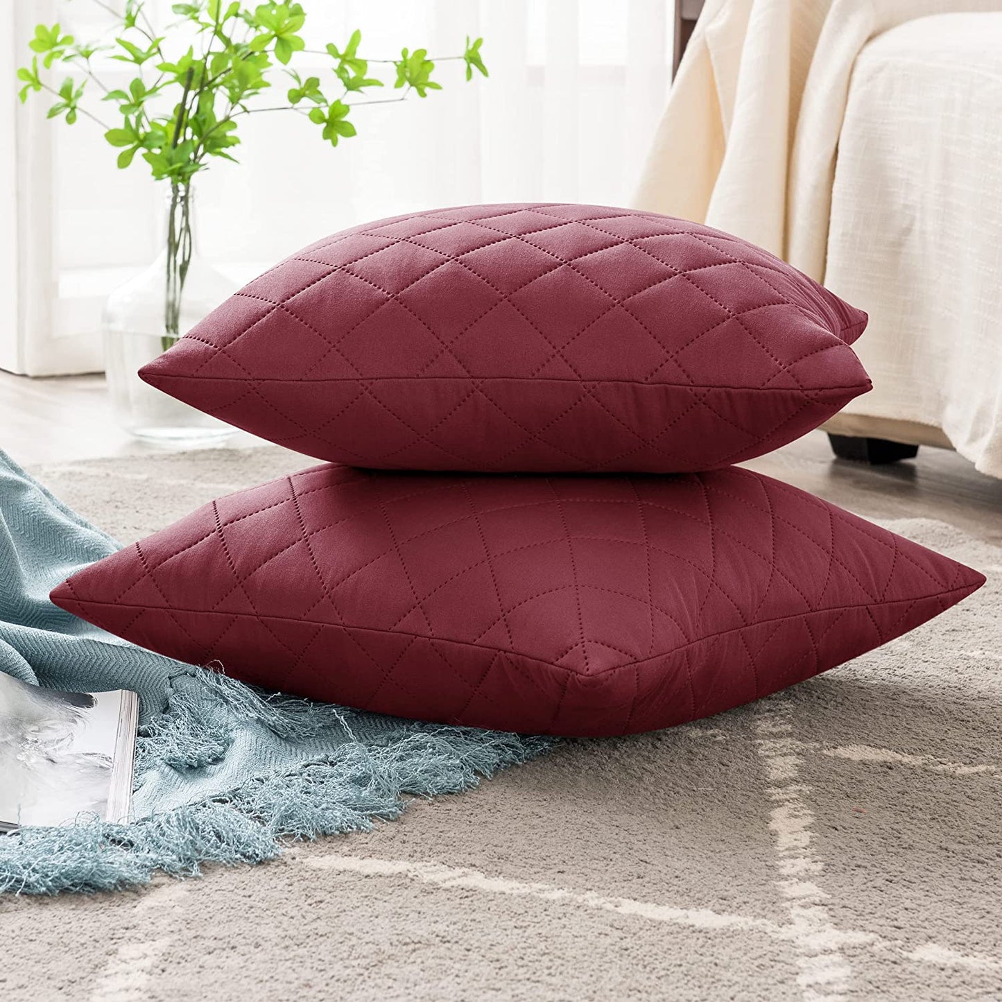 QUILTED CUSHION COVER SQUARE PATTERN 16 X 16 INCHES - MAROON