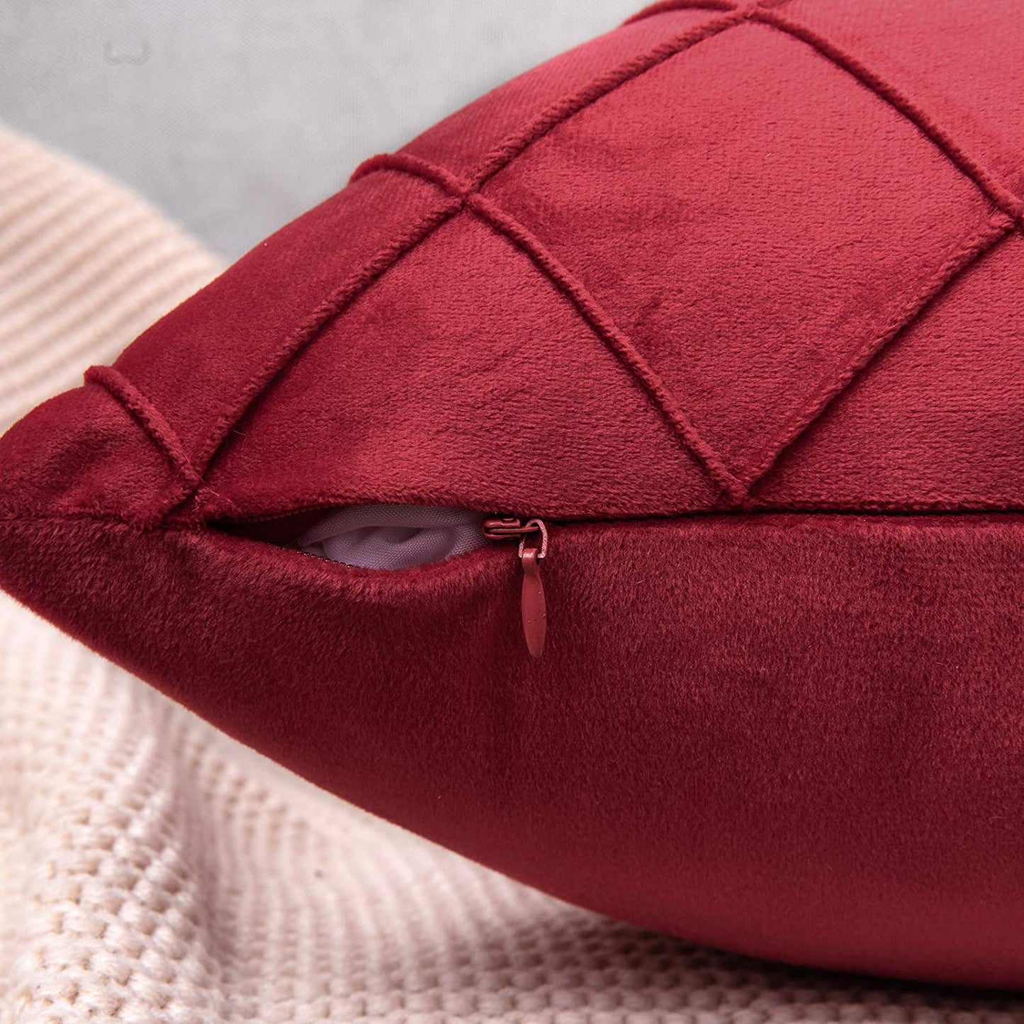 Velvet Cushion Cover Square Pattern 16 X 16 Inches - Reddish Maroon