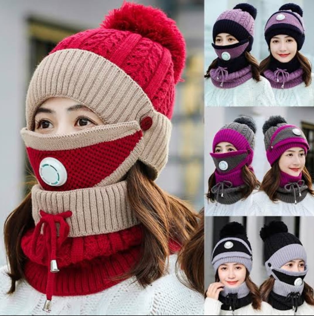 Women 3 Pcs Beanie Cap With Neck Warmer And Mask - Red