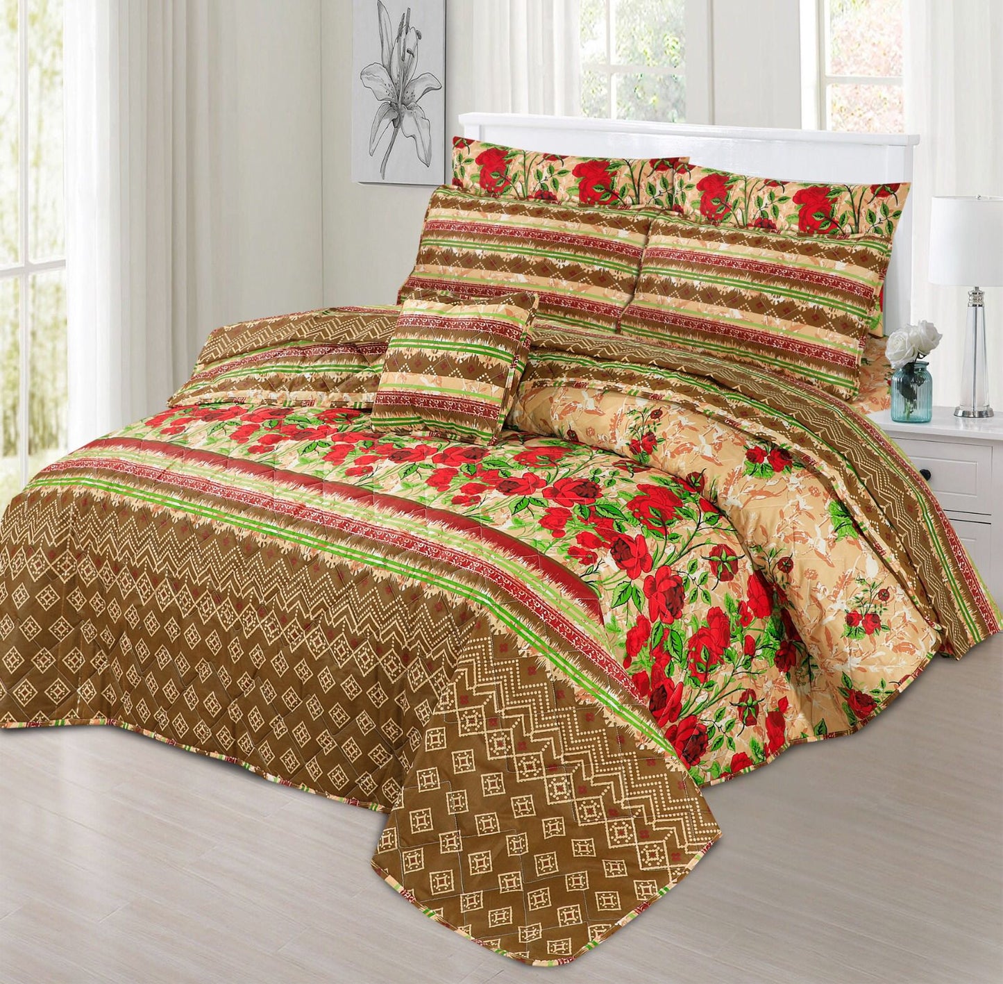 7 Pcs Quilted Comforter Set - D-625