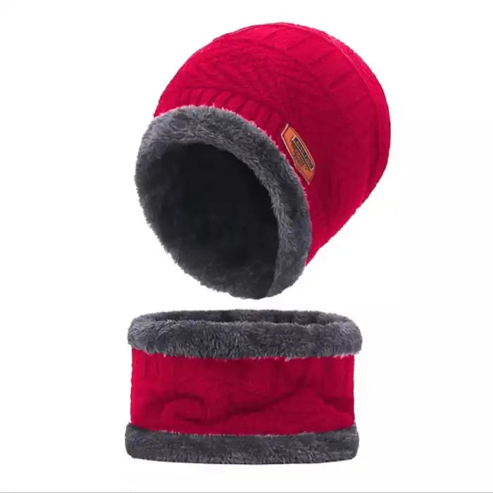 Unisex Beanie Wool Cap with Neck Warmer - Red