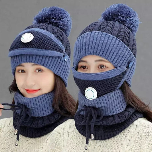Women 3 Pcs Beanie Cap With Neck Warmer And Mask - Blue