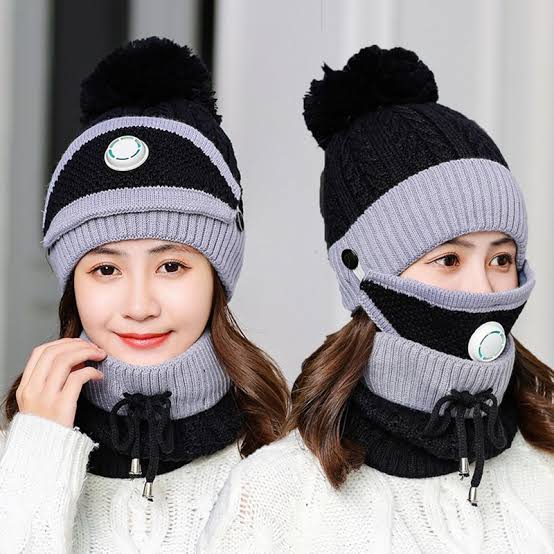 Women 3 Pcs Beanie Cap With Neck Warmer And Mask - Black
