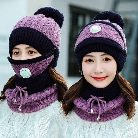Women 3 Pcs Beanie Cap With Neck Warmer And Mask - Purple