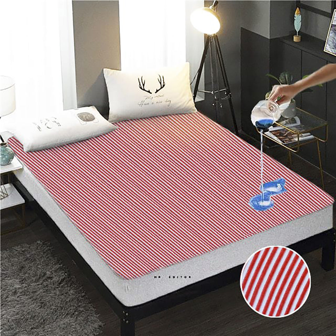Terry Cotton Waterproof Mattress Protector - Red Stripe